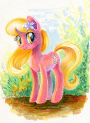 Size: 550x746 | Tagged: safe, artist:maytee, character:lily, character:lily valley, species:earth pony, species:pony, female, flower, flower in hair, looking at you, mare, pink fur, smiling, solo, traditional art, yellow hair, yellow tail