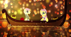 Size: 7855x4100 | Tagged: safe, artist:asika-aida, character:fluttershy, absurd resolution, boat, butterscotch, clothing, commission, crossover, disney, female, flutterscotch, i see the light, lantern, male, paper lantern, ponidox, rule 63, scene interpretation, self ponidox, selfcest, shipping, smiling, straight, tangled (disney)