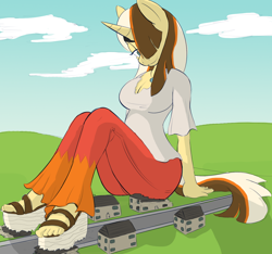 Size: 1280x1198 | Tagged: safe, artist:hgrobo, artist:mrrowboat, edit, oc, oc only, oc:golden age, species:anthro, species:plantigrade anthro, building, clothing, color edit, colored, giantess, macro, pants, solo