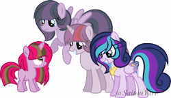 Size: 800x458 | Tagged: safe, artist:t-aroutachiikun, base used, oc, oc only, oc:galaxy chronicle, oc:inertia, oc:lightyear sparkle, oc:princess estelle, parent:doctor whooves, parent:princess cadance, parent:shining armor, parent:twilight sparkle, parents:doctwi, parents:shiningcadance, species:pegasus, species:pony, species:unicorn, cousins, female, filly, mare, offspring, simple background, sisters, transparent background