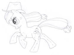 Size: 1614x1208 | Tagged: safe, artist:aafh, character:applejack, female, monochrome, running, solo, traditional art