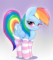 Size: 2500x2800 | Tagged: safe, artist:heavymetalbronyyeah, character:rainbow dash, species:pegasus, species:pony, backwards cutie mark, blushing, cheek fluff, chest fluff, clothing, cute, dashabetes, dock, embarrassed, female, fluffy, frown, glare, gradient background, high res, hnnng, lidded eyes, looking at you, mare, multicolored hair, rainbow dash always dresses in style, raised tail, socks, solo, striped socks, tail, thigh highs, unamused, weapons-grade cute