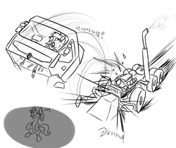 Size: 2000x1683 | Tagged: safe, artist:orang111, character:rainbow dash, character:sweetie belle, accident, crash, euro truck simulator 2, monochrome, renault, renault premium, sketch, sketch dump, this will end in pain, truck