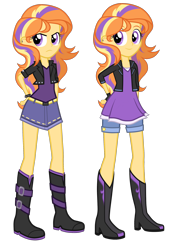 Size: 1584x2304 | Tagged: safe, artist:thecheeseburger, oc, oc only, oc:evening blaze, my little pony:equestria girls, alternate universe, boots, bracelet, clothing, cute, equestria girls-ified, female, fingerless gloves, gloves, hand on hip, high heel boots, jacket, jewelry, leather jacket, looking at you, shorts, simple background, solo, transparent background