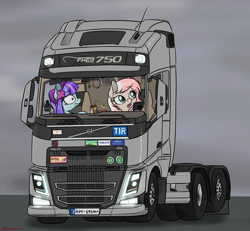 Size: 2300x2121 | Tagged: safe, artist:orang111, edit, oc, oc only, oc:camion, oc:fiji, bobblehead, crossover, leafeon, pokémon, semi truck, simple background, truck, volvo, volvo fh