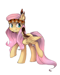 Size: 2035x2524 | Tagged: safe, artist:share dast, character:fluttershy, species:bird, species:pegasus, species:pony, feather, female, fluttersquaw, headband, looking at something, looking sideways, mare, native american, one wing out, raised hoof, raised leg, simple background, smiling, solo, walking, white background