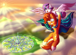 Size: 2031x1476 | Tagged: safe, artist:cafecomponeis, character:princess flurry heart, character:sunburst, species:alicorn, species:pony, species:unicorn, episode:the crystalling, g4, my little pony: friendship is magic, cape, clothing, cloud, cloudy, crystal empire, female, filly, flight, flying, happy, holding, holding a pony, laughing, male, shiny, sky, stallion, sun, uncle sunburst, worried