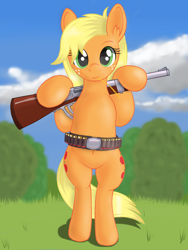 Size: 1536x2048 | Tagged: safe, artist:negasun, character:applejack, species:pony, belt, bipedal, both cutie marks, cloud, female, freckles, grass, gun, looking at you, missing accessory, shotgun, sky, smiling, solo, weapon