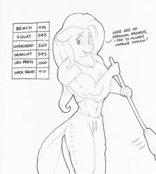 Size: 1280x1421 | Tagged: safe, artist:zacharyisaacs, character:fluttershy, species:anthro, species:pegasus, species:pony, broom, clothing, female, mare, muscles, muscleshy, solo, tight clothing, tumblr comic