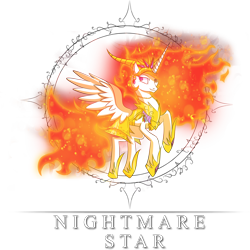 Size: 2796x2798 | Tagged: safe, artist:zidanemina, character:nightmare star, character:princess celestia, species:alicorn, species:pony, armor, enterplay, female, flying, mane of fire, mare, merchandise, simple background, smiling, solo, trading card game, transparent background