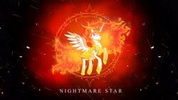 Size: 3840x2160 | Tagged: safe, artist:zidanemina, character:nightmare star, character:princess celestia, species:alicorn, species:pony, female, flying, mane of fire, mare, solo, wallpaper
