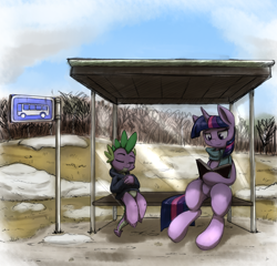 Size: 2580x2472 | Tagged: safe, artist:otakuap, character:spike, character:twilight sparkle, species:dragon, species:pony, book, bus stop, clothing, duo, eyes closed, female, field, hoodie, male, mare, reading, resting, scarf, sitting, sleeping, snow, spring, sweater, waiting
