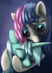 Size: 743x1041 | Tagged: safe, artist:arrkhal, character:bon bon, character:lyra heartstrings, character:sweetie drops, species:earth pony, species:pony, species:unicorn, abstract background, duo, duo female, female, hug, mare