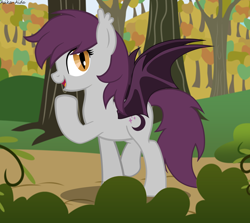 Size: 5126x4577 | Tagged: safe, artist:asika-aida, oc, oc only, oc:nightlight, species:bat pony, species:pony, absurd resolution, art trade, female, forest, mare, open mouth, raised hoof, slit eyes, smiling, solo, spread wings, tree, wings