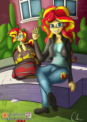 Size: 1476x2066 | Tagged: safe, artist:cafecomponeis, character:sunset shimmer, species:pony, species:unicorn, my little pony:equestria girls, backpack, canterlot high, chest fluff, clothing, female, human ponidox, jacket, mare, plushie, ponidox, self plushidox, self ponidox, shoes, sitting, solo