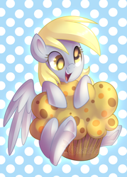 Size: 3000x4200 | Tagged: safe, artist:drawntildawn, character:derpy hooves, species:pegasus, species:pony, absurd resolution, cute, female, food, happy, muffin, open mouth, polka dots, smiling, solo, watermark