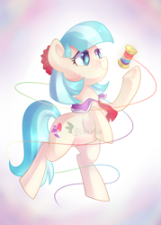 Size: 3000x4200 | Tagged: safe, artist:drawntildawn, character:coco pommel, species:earth pony, species:pony, absurd resolution, female, mare, rainbow thread, raised hoof, rearing, smiling, solo, watermark