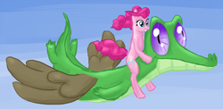 Size: 1200x584 | Tagged: safe, artist:arrkhal, character:gummy, character:pinkie pie, species:earth pony, species:pony, allpet, duo, female, flying, mare, ponies riding gators, riding, surreal, windswept mane