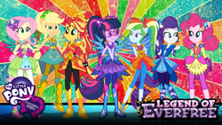 Size: 1920x1080 | Tagged: safe, artist:8ballgta3, artist:mixiepie, character:applejack, character:fluttershy, character:pinkie pie, character:rainbow dash, character:rarity, character:spike, character:sunset shimmer, character:twilight sparkle, character:twilight sparkle (scitwi), species:eqg human, equestria girls:legend of everfree, g4, my little pony: equestria girls, my little pony:equestria girls, balloon, boots, chains, clothing, crystal wings, glasses, gloves, hand on hip, high heel boots, humane seven, jewelry, mane seven, mane six, ponied up, ponytail, rainbow background, scitwilicorn, shoes, sneakers, sparkles, sun, super ponied up, visor, wallpaper, wings