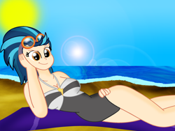 Size: 2962x2223 | Tagged: safe, artist:cyber-murph, character:indigo zap, equestria girls:friendship games, g4, my little pony: equestria girls, my little pony:equestria girls, bad anatomy, beach, breasts, cleavage, clothing, cute, female, on side, one-piece swimsuit, pose, solo, swimsuit, towel