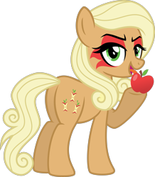 Size: 5485x6284 | Tagged: safe, artist:osipush, character:applejack, absurd resolution, alternate universe, apple, applejewel, corrupted, evil, female, food, licking, looking at you, open mouth, simple background, solo, tongue out, transparent background