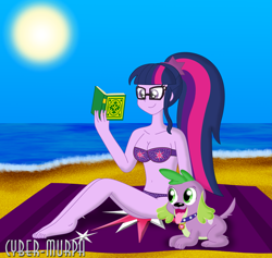 Size: 4551x4319 | Tagged: safe, artist:cyber-murph, character:spike, character:spike (dog), character:twilight sparkle, character:twilight sparkle (scitwi), species:dog, species:eqg human, my little pony:equestria girls, absurd resolution, beach, beach blanket, belly, belly button, bikini, book, breasts, cleavage, clothing, collar, female, glasses, midriff, ocean, paws, ponytail, purple swimsuit, reading, spike's dog collar, swimsuit, tail