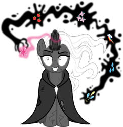 Size: 5592x5760 | Tagged: safe, artist:osipush, oc, oc only, species:pony, species:unicorn, absurd resolution, cloak, clothing, creepy, cutie mark, evil grin, female, glowing eyes, glowing horn, grin, magic, mare, simple background, smiling, transparent background, white hair