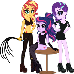 Size: 5599x5652 | Tagged: safe, artist:osipush, character:starlight glimmer, character:sunset shimmer, character:twilight sparkle, character:twilight sparkle (scitwi), species:eqg human, my little pony:equestria girls, absurd resolution, alternate hairstyle, bad, cat o' ninetails, clothing, counterparts, edgelight glimmer, eyeliner, eyeshadow, female, fishnets, goth, hilarious in hindsight, leotard, makeup, punklight sparkle, simple background, transparent background, trio, twilight's counterparts, whip