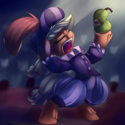 Size: 1000x1000 | Tagged: safe, artist:discorded, character:applejack, species:earth pony, species:pony, alas poor yorick, bipedal, biting pear of salamanca, clothing, eyes closed, female, food, freckles, hamlet, hoof hold, open mouth, parody, pear, ruff (clothing), shakespeare, solo