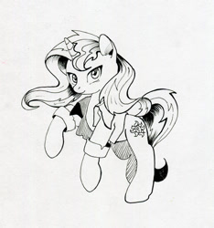 Size: 700x747 | Tagged: safe, artist:maytee, character:sunset shimmer, species:pony, species:unicorn, clothing, female, grayscale, jacket, looking at you, markers, monochrome, rearing, smiling, solo, traditional art