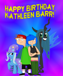 Size: 3865x4671 | Tagged: safe, artist:cyber-murph, character:queen chrysalis, character:trixie, species:pony, species:unicorn, absurd resolution, belly button, cape, clothing, crossover, ed edd n eddy, female, happy birthday, hat, kathleen barr, kevin, mare, marie kanker, midriff, tribute, voice actor