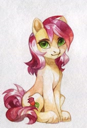 Size: 979x1443 | Tagged: safe, artist:share dast, character:roseluck, species:earth pony, species:pony, blushing, bust, cute, female, looking at you, mare, portrait, simple background, sitting, solo, traditional art, unshorn fetlocks, watercolor painting, white background