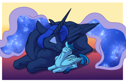 Size: 1000x658 | Tagged: safe, artist:foxenawolf, character:princess luna, oc, oc:starry path, parent:princess luna, species:alicorn, species:pony, fanfic:quantum gallop, alicorn oc, duo, fanfic art, female, filly, freckles, offspring