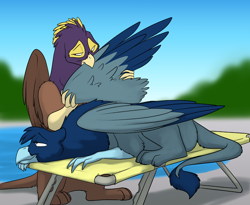 Size: 1000x818 | Tagged: safe, artist:foxenawolf, oc, oc only, oc:glenn, oc:watchful eyes, species:griffon, fanfic:quantum gallop, behaving like a bird, birds doing bird things, disguise, disguised changeling, duo, fanfic art, female, male, preening, swimming pool