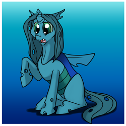 Size: 1000x1000 | Tagged: safe, artist:foxenawolf, character:queen chrysalis, species:changeling, fanfic:quantum gallop, blue changeling, changeling queen, fanfic art, female, green eyes, solo