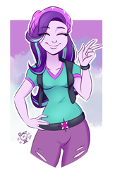 Size: 1255x1920 | Tagged: safe, artist:ponut_joe, character:starlight glimmer, my little pony:equestria girls, breasts, clothing, cute, eye clipping through hair, eyes closed, female, glimmerbetes, hand on hip, hat, pants, peace sign, shirt, simple background, smiling, solo