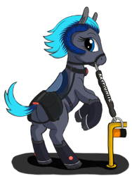 Size: 1536x2048 | Tagged: safe, artist:negasun, oc, oc only, oc:merida, species:pony, bicycle, blue eyes, boots, bridle, collar, female, harness, horn, looking back, mare, merida cyclocross, plot, ponified, raised hoof, rearing, saddle, saddle bag, simple background, solo, tack, tether, transparent background