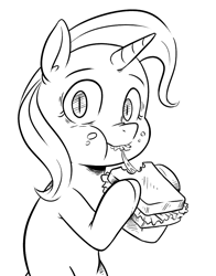 Size: 783x1000 | Tagged: safe, artist:raph13th, character:trixie, species:pony, species:unicorn, comic:glim glam and pals, black and white, female, food, grayscale, krystal can't enjoy her sandwich, lineart, looking at you, mare, monochrome, sandwich, simple background, solo, white background