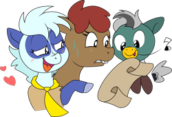 Size: 7340x5000 | Tagged: safe, artist:soren-the-owl, artist:stepandy, oc, oc only, oc:duk, oc:pandy, oc:spirit, absurd resolution, blushing, choice, contract, panda pony, scared, simple background, sweat, transparent background, vector, whistle
