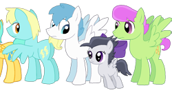 Size: 1280x720 | Tagged: safe, artist:starryoak, character:merry may, character:rumble, character:sassaflash, character:sunshower raindrops, character:white lightning, species:pegasus, species:pony, episode:hurricane fluttershy, g4, my little pony: friendship is magic, background pony, bow, female, filly, foal, hair bow, male, rule 63, scene interpretation, simple background, stallion, transparent background, tumble