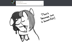 Size: 1402x827 | Tagged: safe, artist:nimaru, oc, oc only, oc:winter willow, species:earth pony, species:pegasus, species:pony, ask, female, kissing, mare, monochrome, tumblr