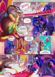 Size: 1200x1675 | Tagged: safe, artist:stepandy, character:discord, character:princess celestia, character:princess luna, species:alicorn, species:draconequus, species:pony, comic:mark of chaos, ship:dislestia, canterlot, canterlot throne room, comic, crown, dialogue, ethereal mane, eyes closed, female, galaxy mane, hoof shoes, jewelry, male, mare, peytral, questionable series, regalia, shipping, speech bubble, straight, throne, throne room, unshorn fetlocks, water, water balloon, wet mane