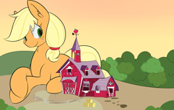 Size: 1280x811 | Tagged: safe, artist:mrrowboat, character:applejack, species:pony, apple tree, barn, big-apple-pony, commission, cute, ear fluff, female, giant pony, happy, hatless, jackabetes, macro, missing accessory, prone, smiling, solo, sweet apple acres