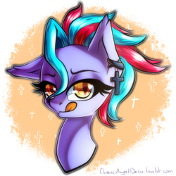 Size: 2000x2000 | Tagged: safe, artist:chaosangeldesu, oc, oc only, oc:dawn tag, species:bat pony, species:pony, abstract background, bat pony oc, bust, cross, female, licking, licking lips, mare, portrait, solo, tongue out