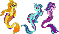 Size: 3011x1754 | Tagged: safe, artist:starryoak, character:adagio dazzle, character:aria blaze, character:sonata dusk, species:siren, my little pony:equestria girls, alternate design, angry, antennae, clenched teeth, curly mane, curly tail, eyelashes, fangs, fins, full body, gem, grin, happy, hooves, long mane, looking at something, looking at you, scales, sharp teeth, simple background, smiling, teeth, the dazzlings, transparent background, trio, waving