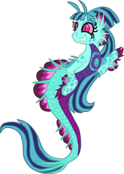 Size: 1143x1608 | Tagged: safe, artist:starryoak, character:sonata dusk, species:siren, alternate design, antennae, eyelashes, fangs, female, fins, full body, gem, grin, happy, looking at something, scales, sharp teeth, simple background, smiling, solo, transparent background