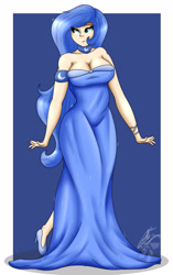 Size: 2200x3500 | Tagged: safe, artist:nexcoyotlgt, character:princess luna, species:human, breasts, busty princess luna, cleavage, clothing, dress, female, humanized, smiling, solo