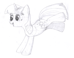 Size: 1696x1336 | Tagged: safe, artist:aafh, character:twilight sparkle, character:twilight sparkle (unicorn), species:pony, species:unicorn, bucking, cute, female, grayscale, happy, lineart, mare, monochrome, open mouth, simple background, sketch, solo, traditional art, twiabetes, white background