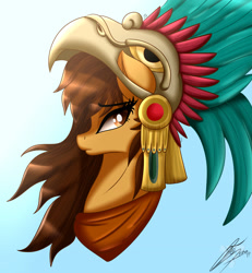Size: 2350x2546 | Tagged: safe, artist:nexcoyotlgt, oc, oc only, oc:maría teresa de los ponyos paguetti, species:pony, aztec, beak, bust, eagle, feather, female, headdress, helmet, looking back, mare, mexican, mexico, ponified, simple background, solo, traditional art
