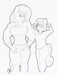 Size: 2013x2636 | Tagged: safe, artist:zacharyisaacs, character:fluttershy, character:posey shy, species:anthro, mother and daughter, muscles, muscleshy, size difference, tight clothing